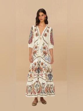 FARM RIO SMALL Boho Ivory Maxi Dress with Red & Blue Paisley print